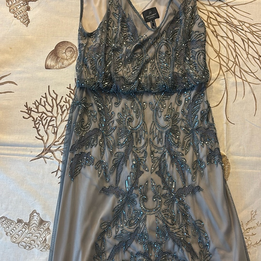 Gray beautifully beaded gown, only worn once, new with silk inside material